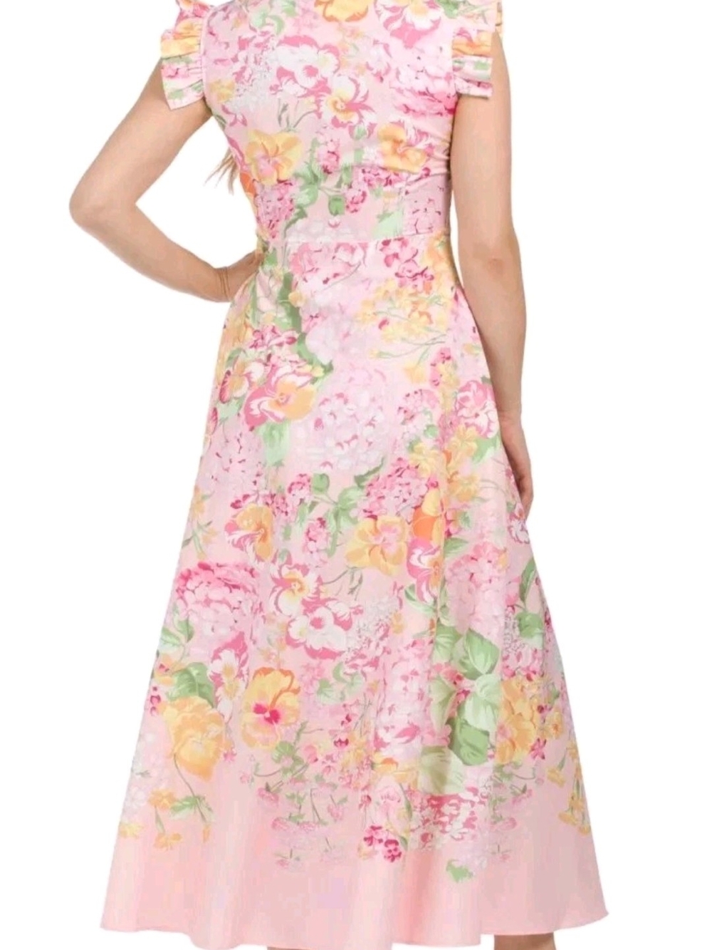 Nwt Large & Medium Dalia Macphee Pink Floral Midi Dress with Collar & Ruffle - Picture 4 of 17